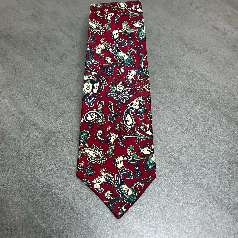 VTG Balancine Disney Mens Neck Tie Red Paisley Hidden Mickey Mouse USA 100% Silk